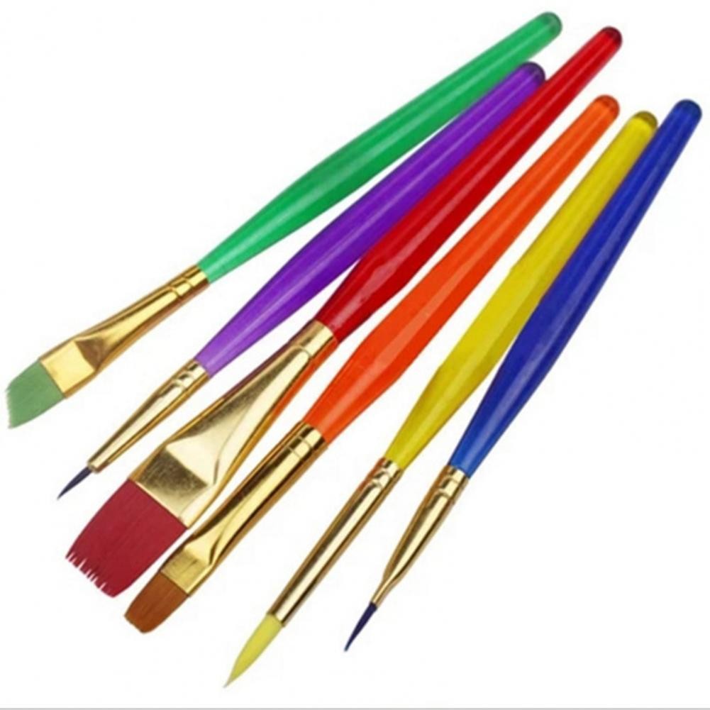 

6Pcs Paint Brush Plastic Handle Soft Bristles Candy Color DIY Round Pointed Tip Watercolor Painting Graffiti Brush School Supply