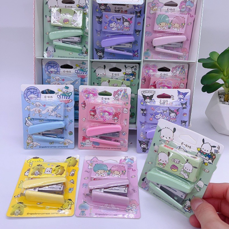 

24pcs/box Sanrio Kuromi My Melody Cinnamoroll Pochacco Cute Portable Cartoon Mini Stapler Set Student Stationery Office Stapler