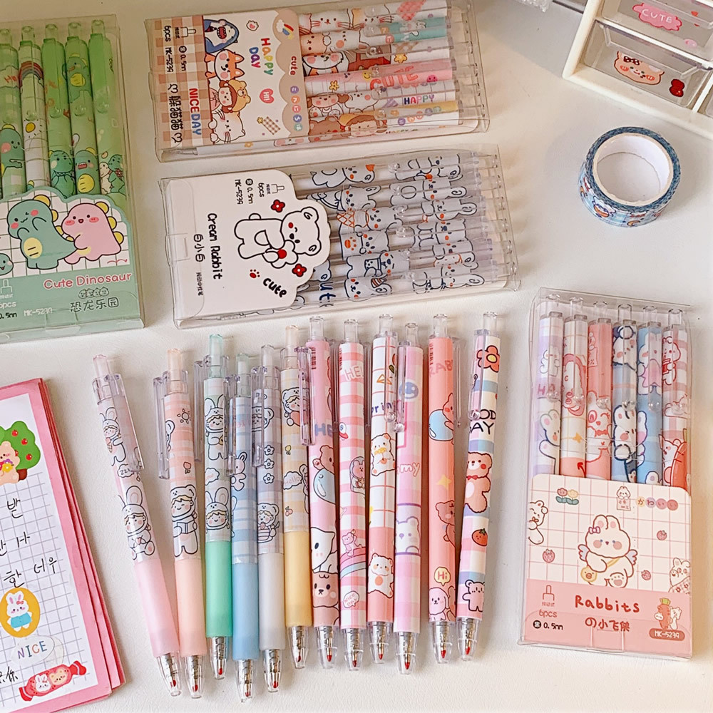 

Hani Pulpen Gel 0.5mm 6Pcs Pen Hitam Bolpoin Tinta Karakter Kartun Lucu Bolpoin Gel Cair Model Pena Aesthetic Stationery