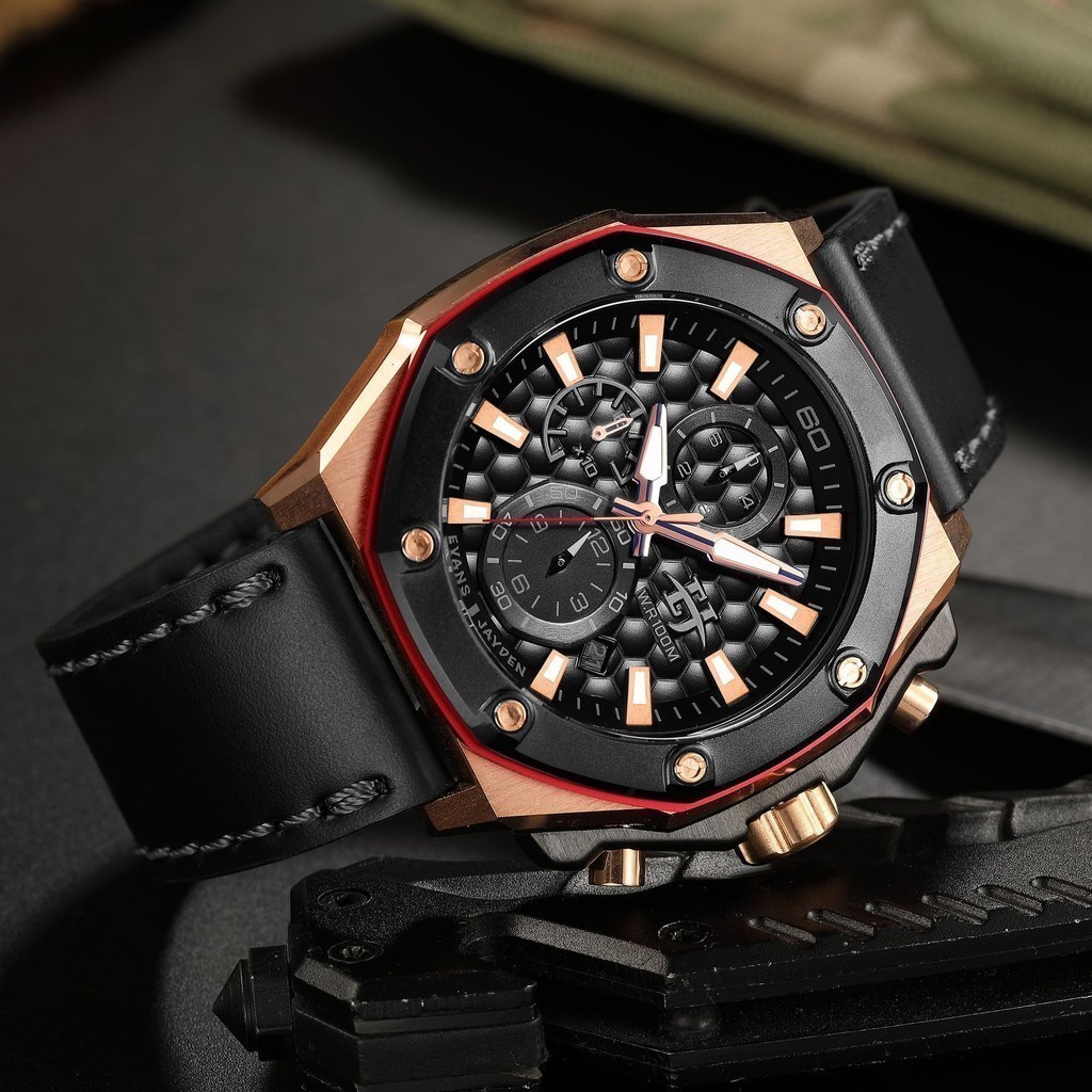 Terlaris Evans Jayden Jam Tangan Pria 9586 Kulit Kaca Safir Chronograph Tahan air  10 ATM