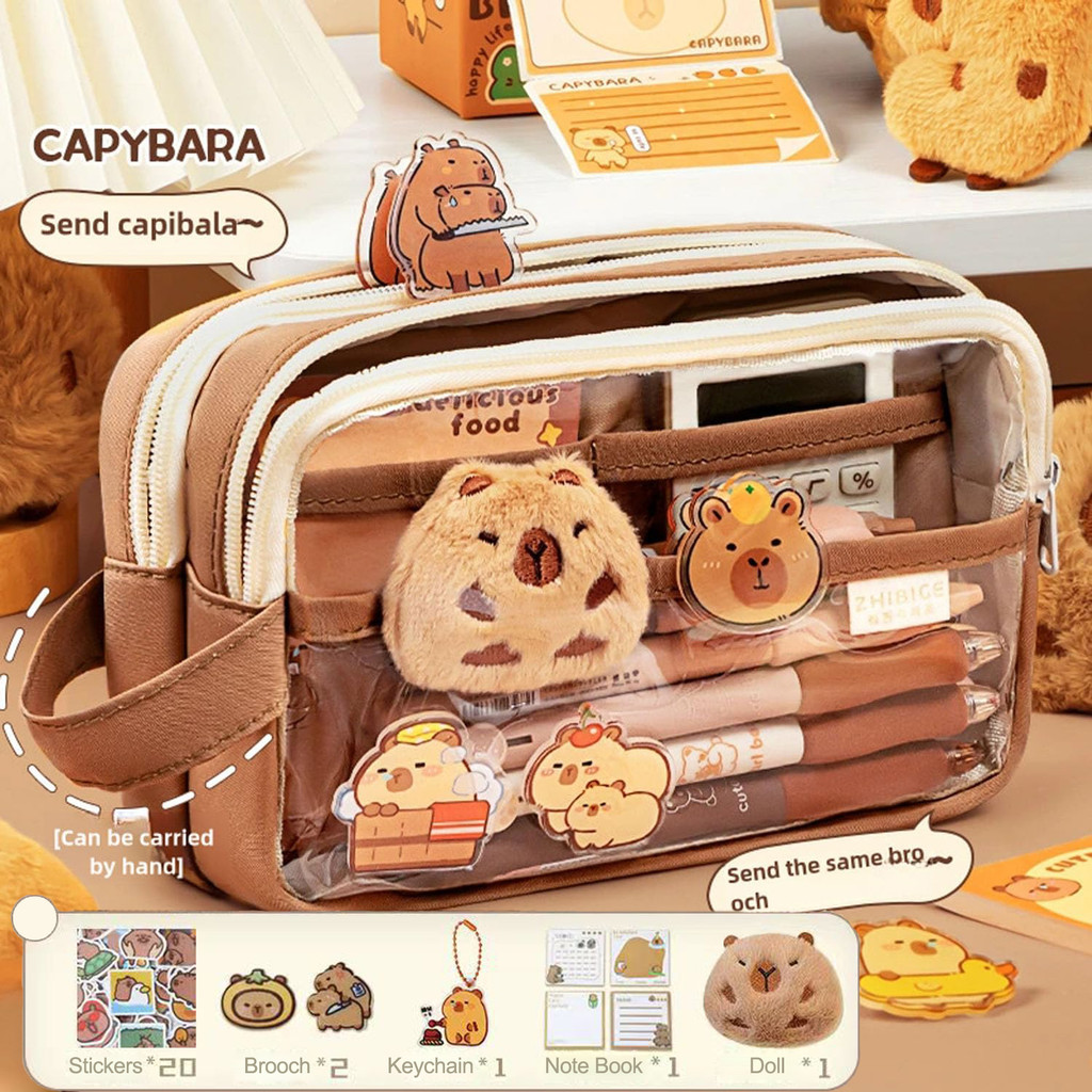

Cute Capybara Pencil Case School Supplies Clear Aesthetic Pencil Pouch with Cute Capybara Pins and Plush Stickers and Memo Pad