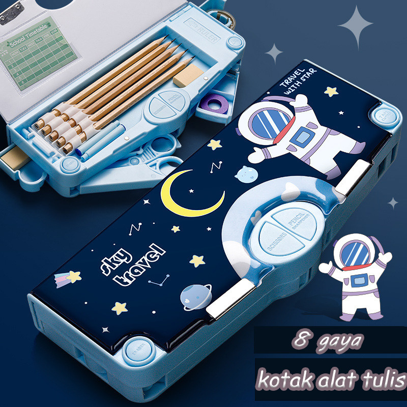 

【LEMLINGER】Kotak Alat Tulis Multifungsi Untuk Siswa Sekolah Dasar Dengan Kotak Pensil Dua Lapis Jaring Berwarna Merah Yang Lucu