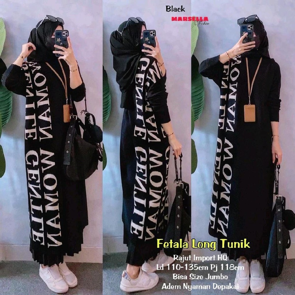 Fetala Long Tunik Rajut Import Stretch Motif Premium