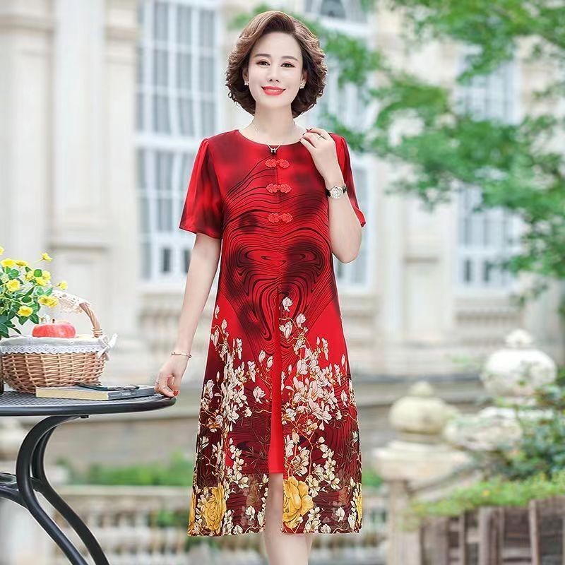 Kebesaran setengah baya dan tua ibu gaun musim panas wanita  lemak mm gaya Barat dicetak rok longgar