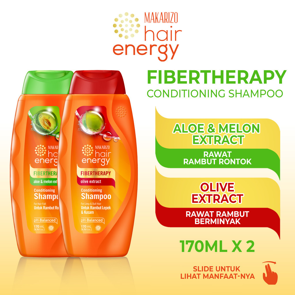 Paket Makarizo Hair Energy Shampoo Untuk Rambut Rontok & Lepek Aloe Melon & Olive Extract 170mL