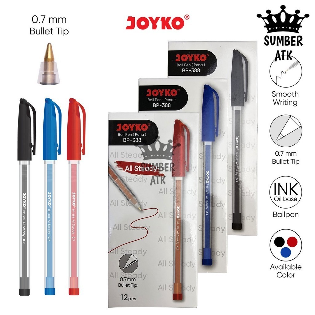 

Ball Pen Pulpen Pena Joyko BP-388 All Steady 0.7 mm 1 LUSIN Black Blue Red