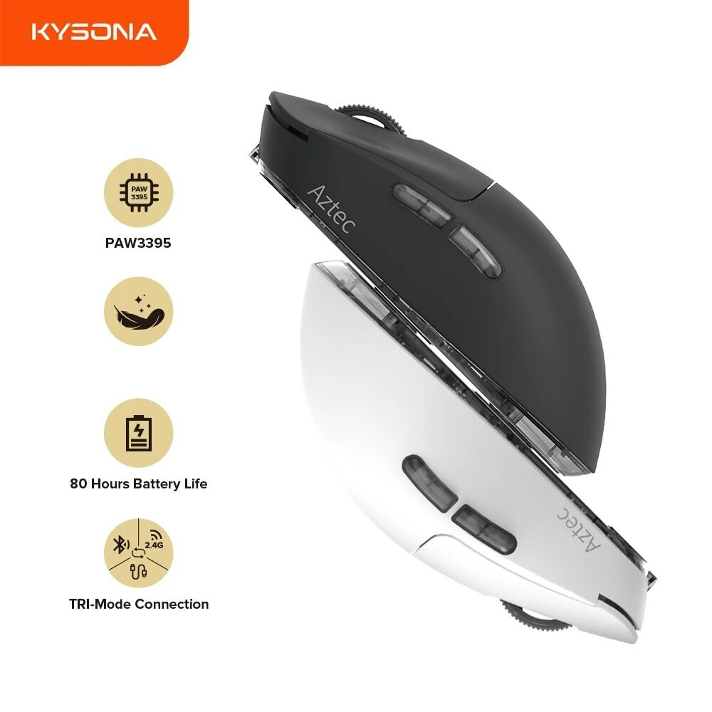 Kysona Aztec PAW3395 Mouse game nirkabel, Mouse optik nirkabel 55g ultra-ringan 26000DPI 6 tombol 90