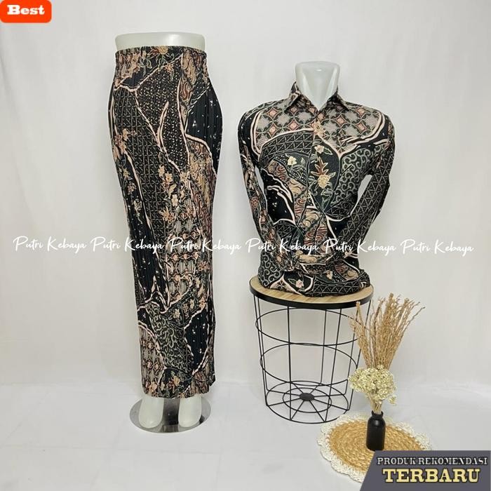 rok wanita kekinian SET COUPLE KEMEJA DAN ROK PLISKET BATIK COUPLE KONDANGAN BATIK LENGAN PANJANG BA