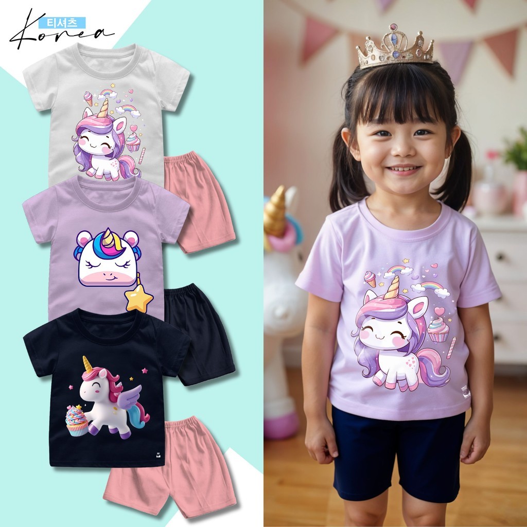 Setelan Kaos Pendek Anak Perempuan Unicorn Series Lilac Delivery Cake Bahan Katun Combed Uni-1