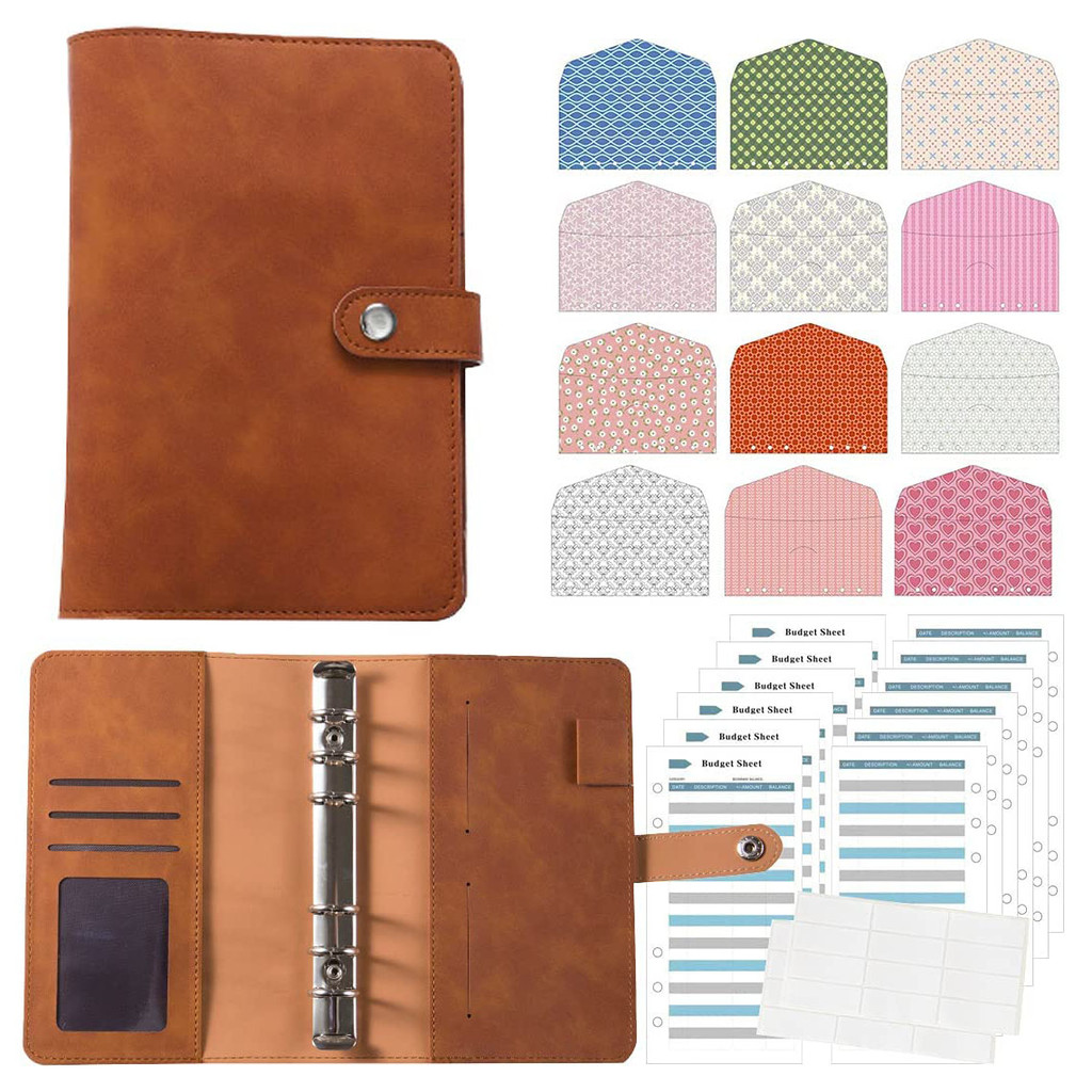 

A6 PU Leather Budget Binder Notebook Cash Envelopes Money Organizer with 12 Cash Envelopes, Budget Sheets ,Self-Adhesive Label