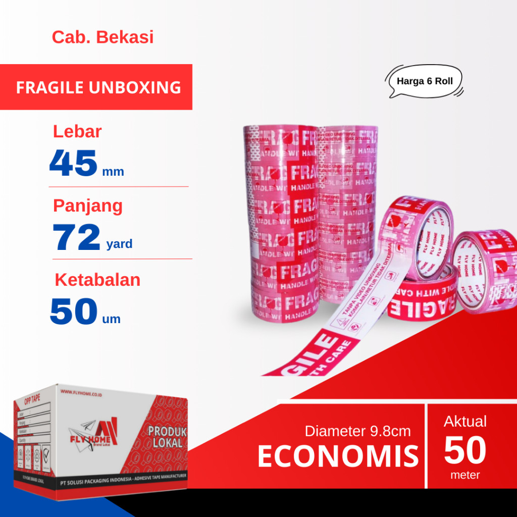 

FLYHOME 6Roll Lakban Fragile Unboxing 45x72Y 2inci Uk Besar ECO 72 Yard