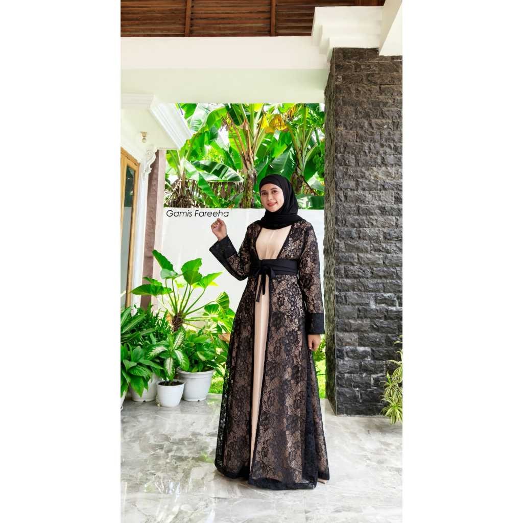 Gamis fareeha brukat bahan lembut gamis Lebaran inner crinkle kombi outer brukat Gamis Outer Brokat