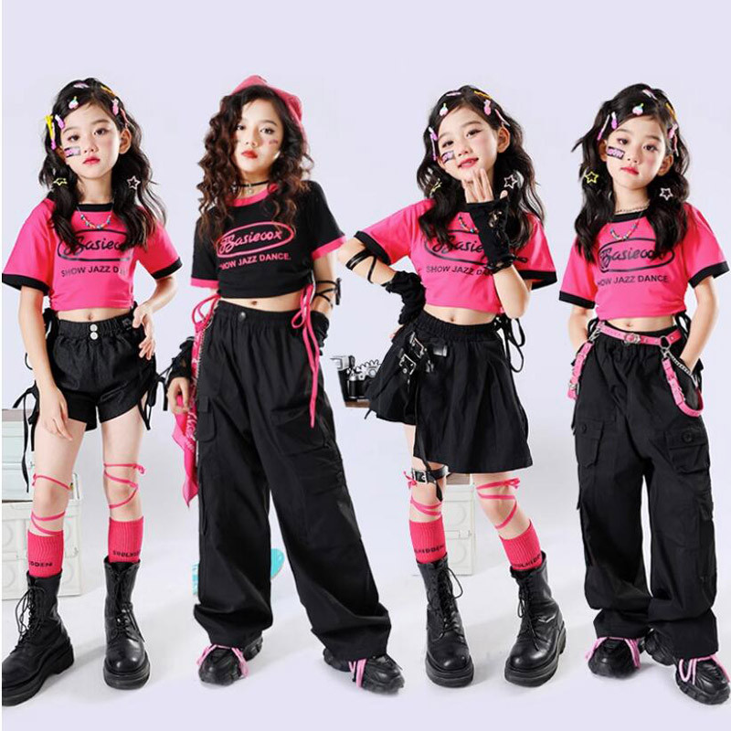 kid Girl Jazz Dance Costume Children Street Hip hop Dance Jazz Kpop Dance Costume for Girls pink Out
