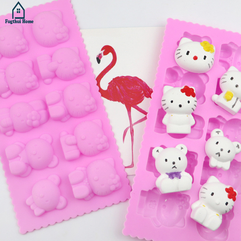❤️Fugthui❤️Cetakan Kucing Kartun 10 buah /Cetakan jeli es batu coklat kue silikon/Cetakan Puding Cok