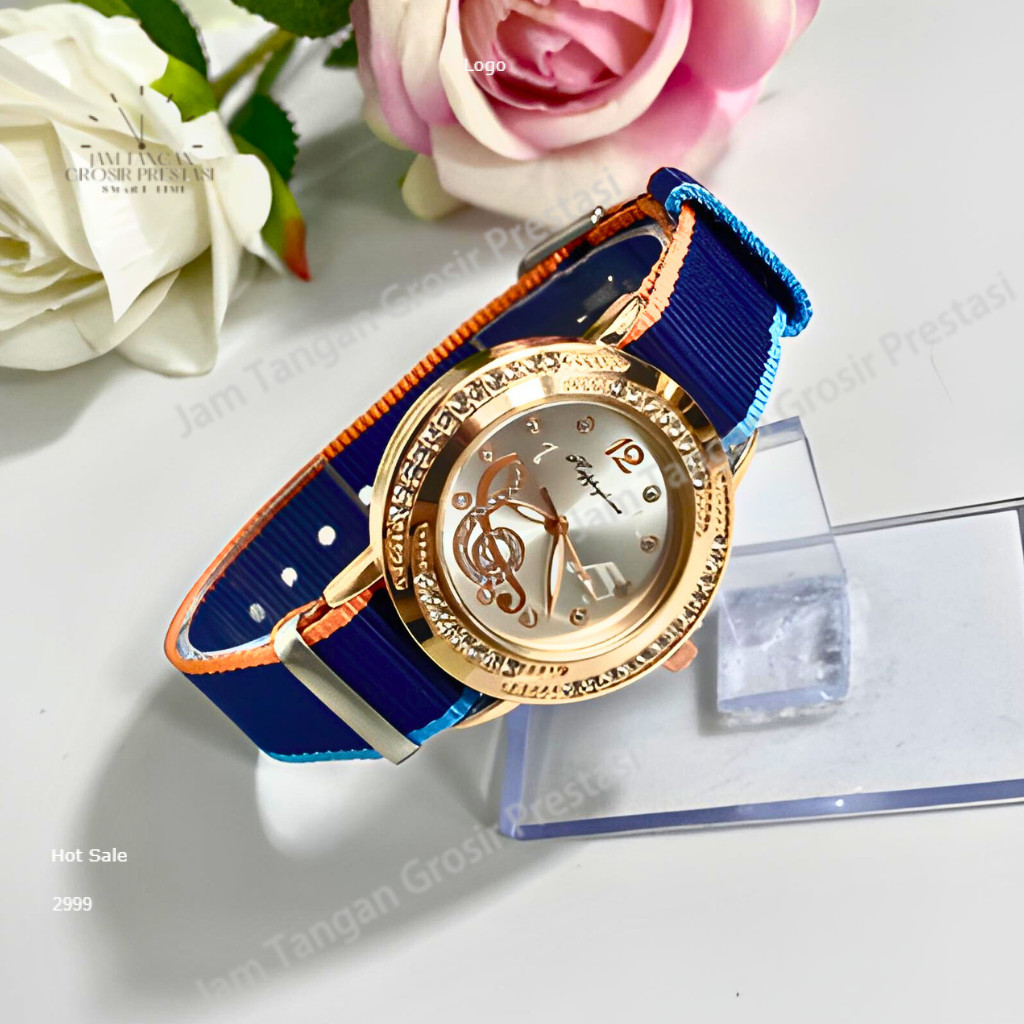 （ COD ）Cantik Jam Tangan Wanita - Model Terbaru dengan Tali Kanvas, Bingkai Emas Mawar & Dial Bergam