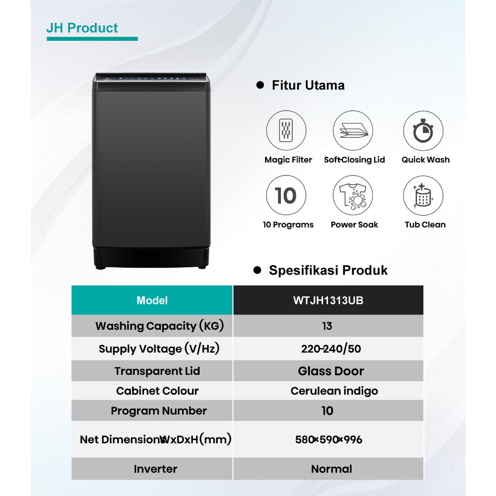Hisense Mesin Cuci Top Load 13 Kg WTJH1313UB - Hitam