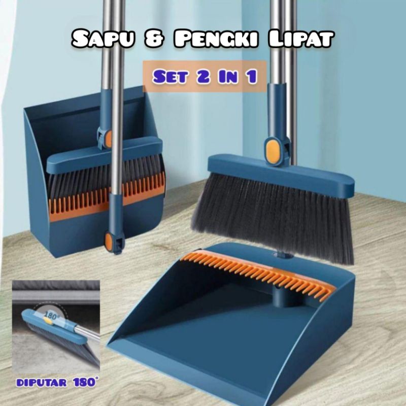 DRIO Sapu Dan Pengki Lipat Set 2 In 1 Sapu Pembersih Lantai Dan Pengki Lipat Set Alat Pembersih Lant