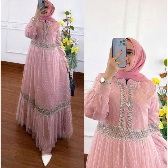 GAMIS TERBARU KHALISA DRESS MC Bahan TILE DOT PREMIUM LAPIS PURING MIX RENDA LACE IMPORT LD 110 CM P