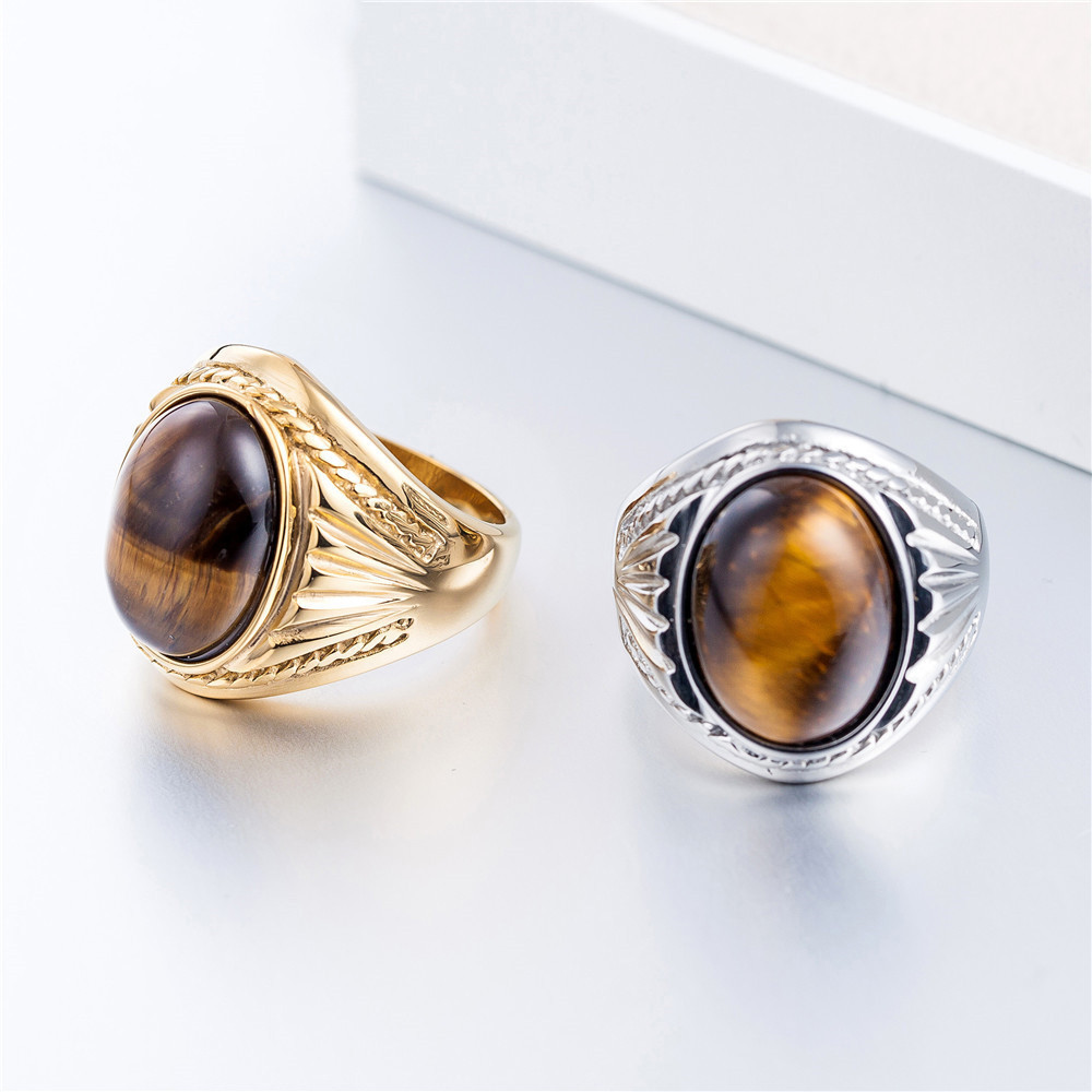 Cincin Jari Perhiasan Fashion Punk Pria Baja Titanium Emas Perak Pirus Putih Mata Harimau Antik Ring