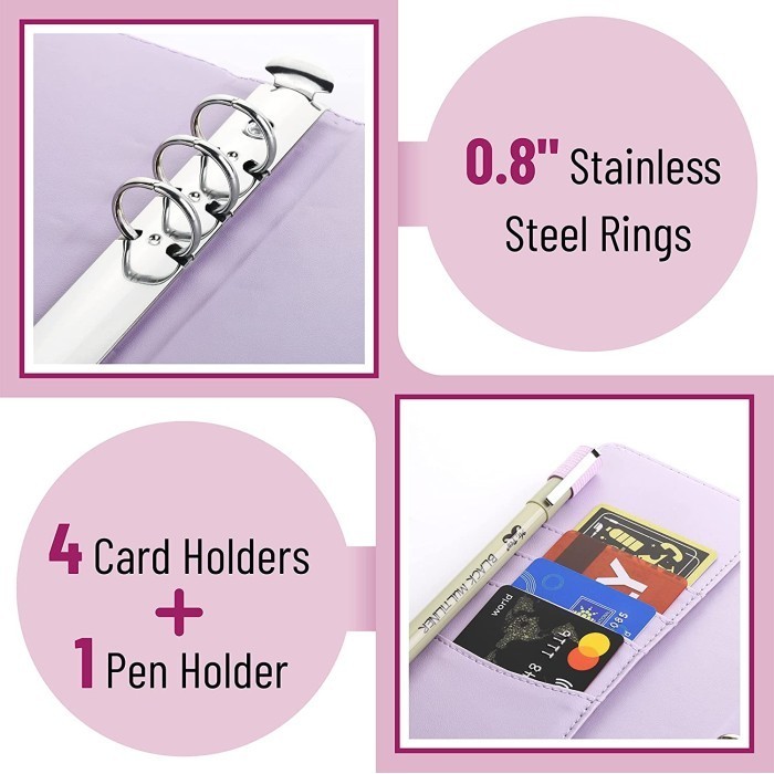 

A6 Binder Buku catatan dengan 10pcs Kantong Penyimpanan Uang Tunai - Pink+zipper bag