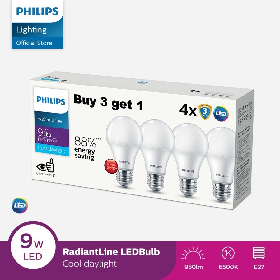 Lampu LED 9w 9 watt Philips putih 6500k / Bohlam LEDBulb bukan Hannoch - Paket 3pcs gratis 1pc / Ses