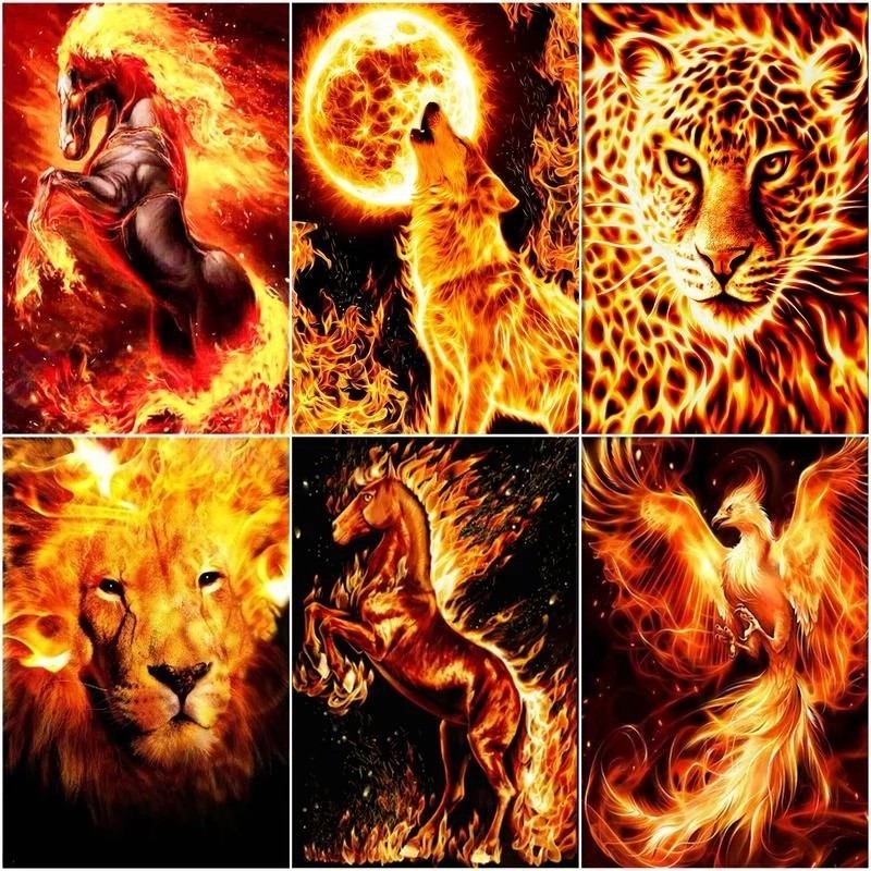 

GATYZTORY Paint By Number Flame Drawing Animal On Canvas Handpainted Art Gift DIY Picture By Number Lion Wolf Kits Home Decor