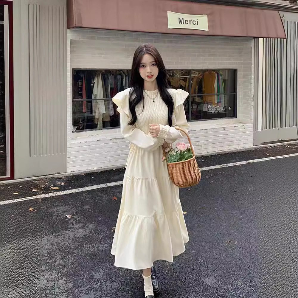 Dress wanita dress rajutan tambal gaya Korea rok panjang pelangsing pinggang serut