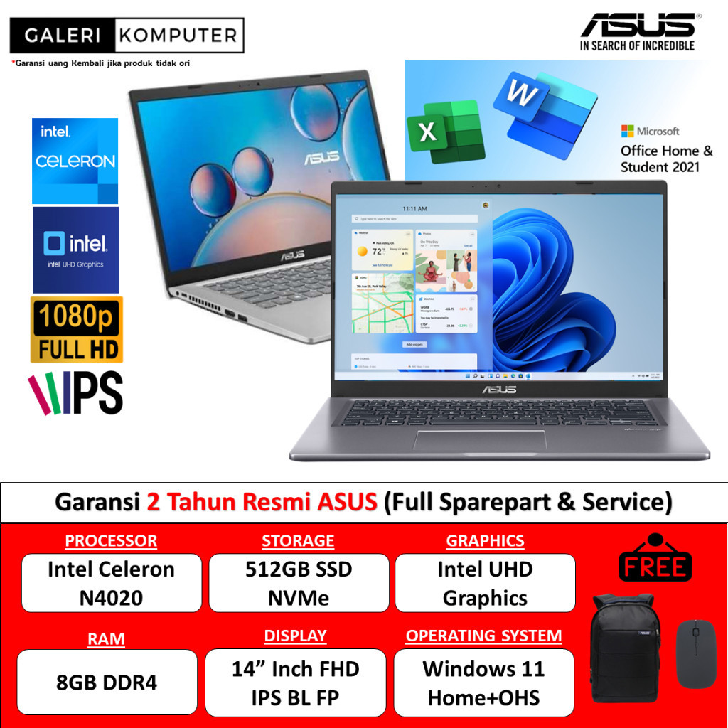 Laptop Asus Vivobook A416MAO FHD Intel DualCore N4020 8GB 512GB 14" FHD Windows 11 Home Garansi Resm