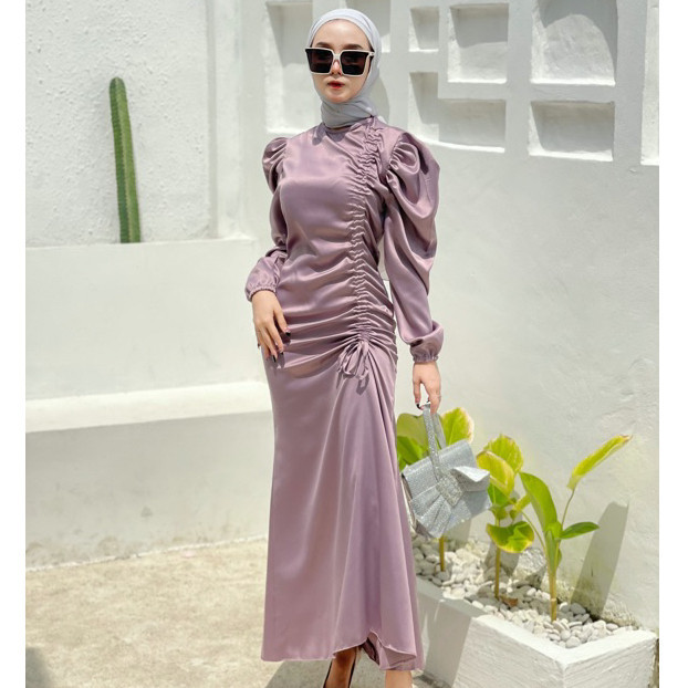 Hot Promo Mimosa Dress Serut Samping Satin Silk Premium | Gamis Serut Wanita Kondangan | Dress Satin