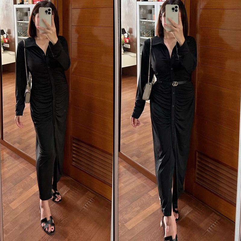 DRESS V NECK LONG SLEEVE WRINKLE DRESS KANCING HIDUP BAJU HIJAB KERUT DEPAN  PAKAIAN WANITA CASUAL B