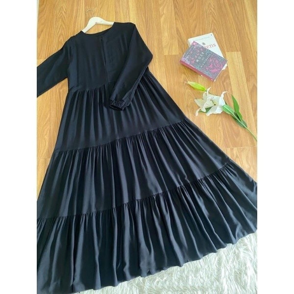 Gamis Hitam Putih Polos Wanita Remaja Kekinian Gamis Dewasa Jumbo All Size Bahan Katun Lembut Tebal 