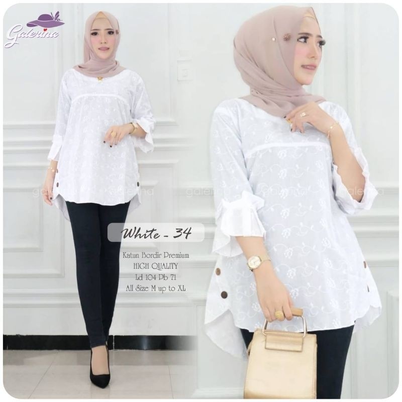 [white34] baju tunik warna putih / baju atasan wanita bahan katun bordir / baju putih best seller / 