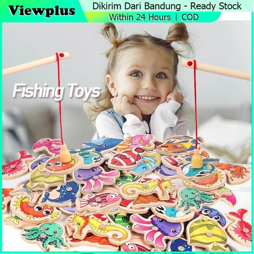 31Pcs Mainan Anak Pancing Mancing Ikan Magnet Kayu Edukasi Fishing Game Pancingan