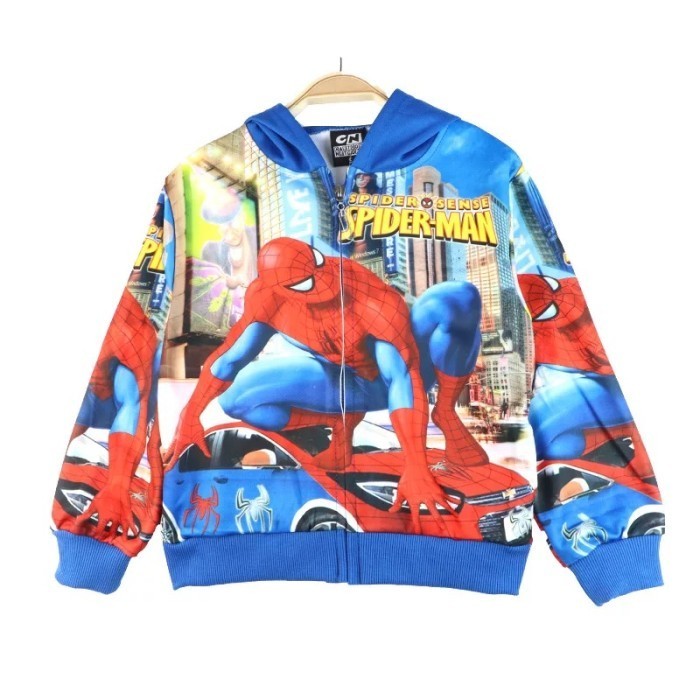 Terlaris ✨ -Jacket Hoddie Anak Laki-Laik Motif Superhero Avengers/Spiderman import - Spideraman Biru