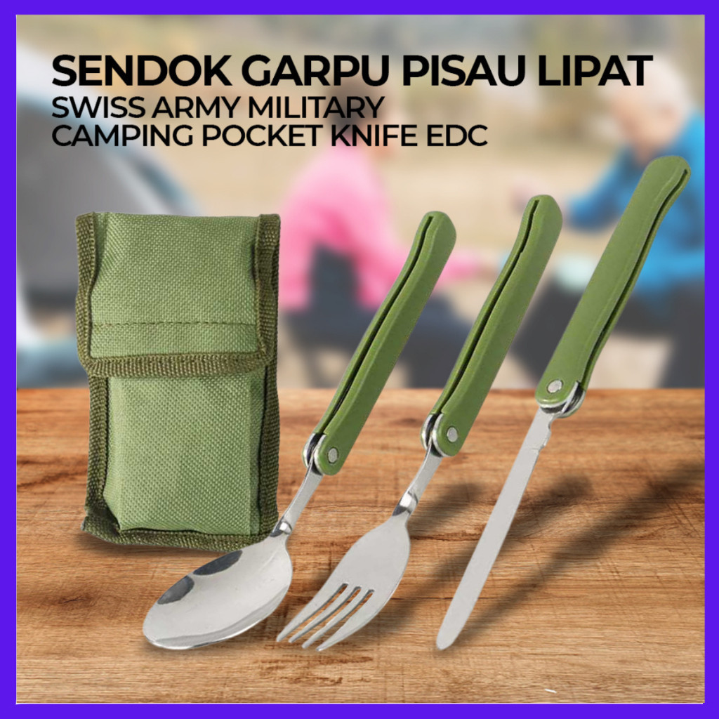 TokoMaspul-Alat Makan Portabel Set Alat Makan Lipat Portabel Baja Tahan Karat dengan Kantong Hijau T