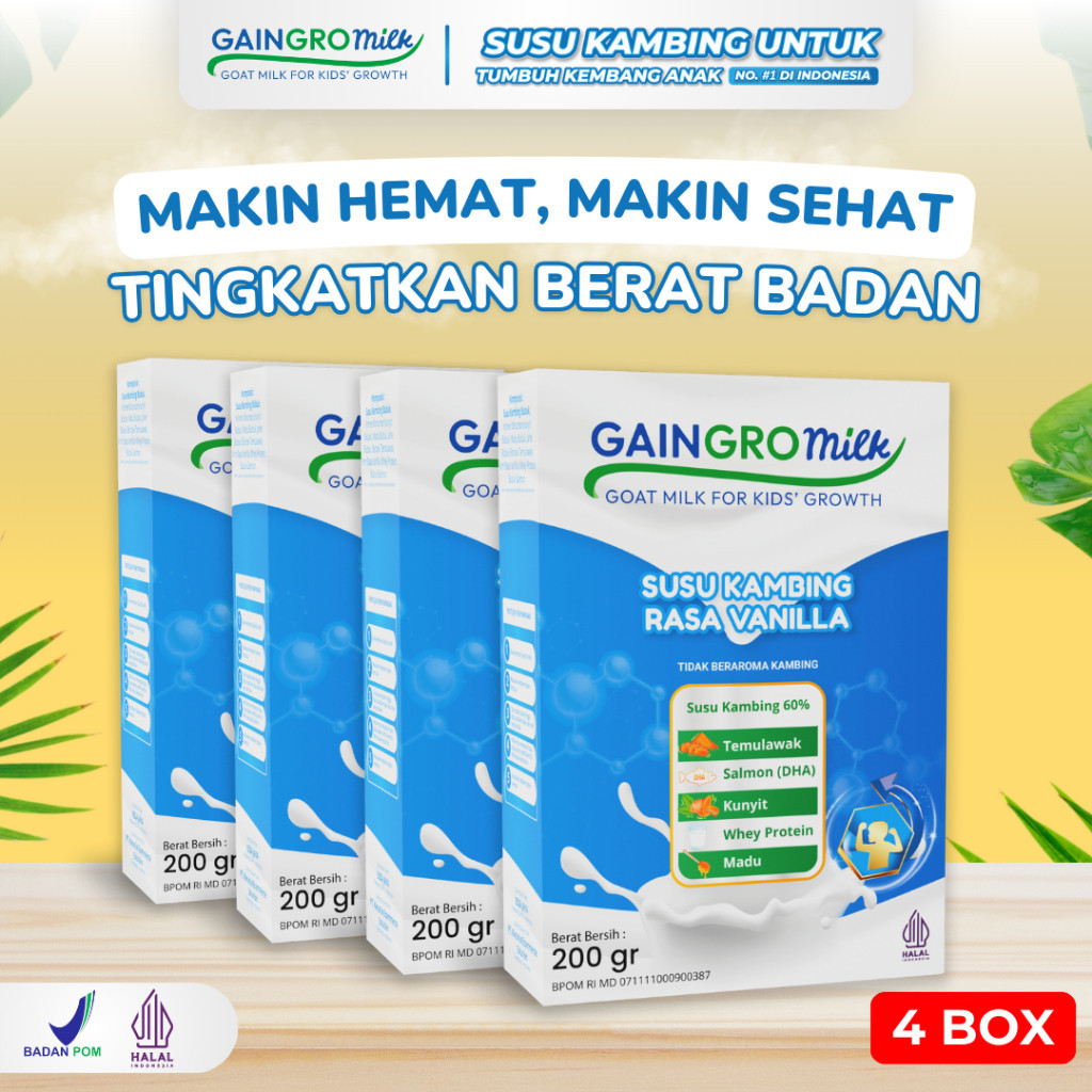 

BUNDLING 4 BOX GAINGRO MILK VANILLA Susu Kambing Penambah Tinggi Badan Anak GainGro Milk Shop