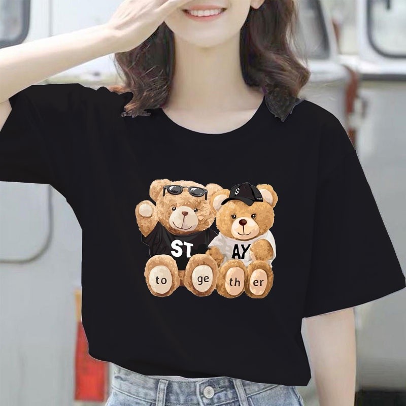 Baju Kaos Atasan Beruang Bear Stay Together Wanita Kekinian ADLV Lucu Jumbo Oversize Lengan Pendek