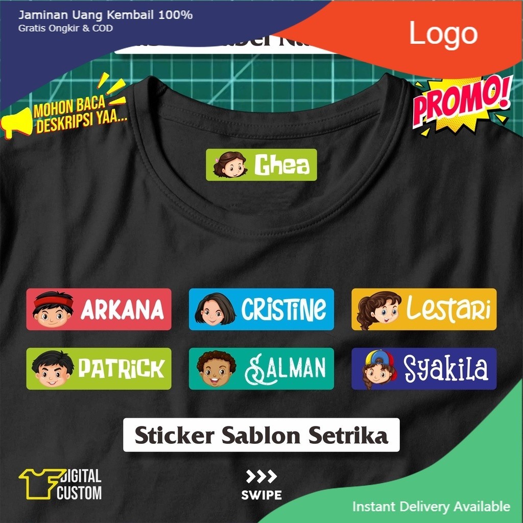 

Stiker Kain Label Nama Baju Karakter Anak Sekolah Pesantren Asrama Name Tag Laundry Sticker Sablon Setrika DTF IF Digital Custom Siap Press