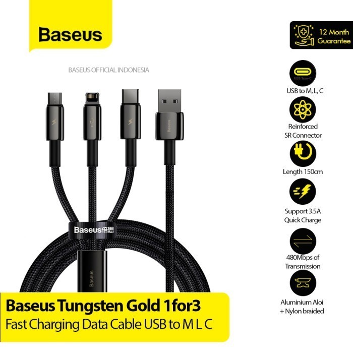 Kabel BASEUS Tungsten Gold 1for3 FastCharge USB to M L C 3.5A 1.5m Baseus 3 in 1