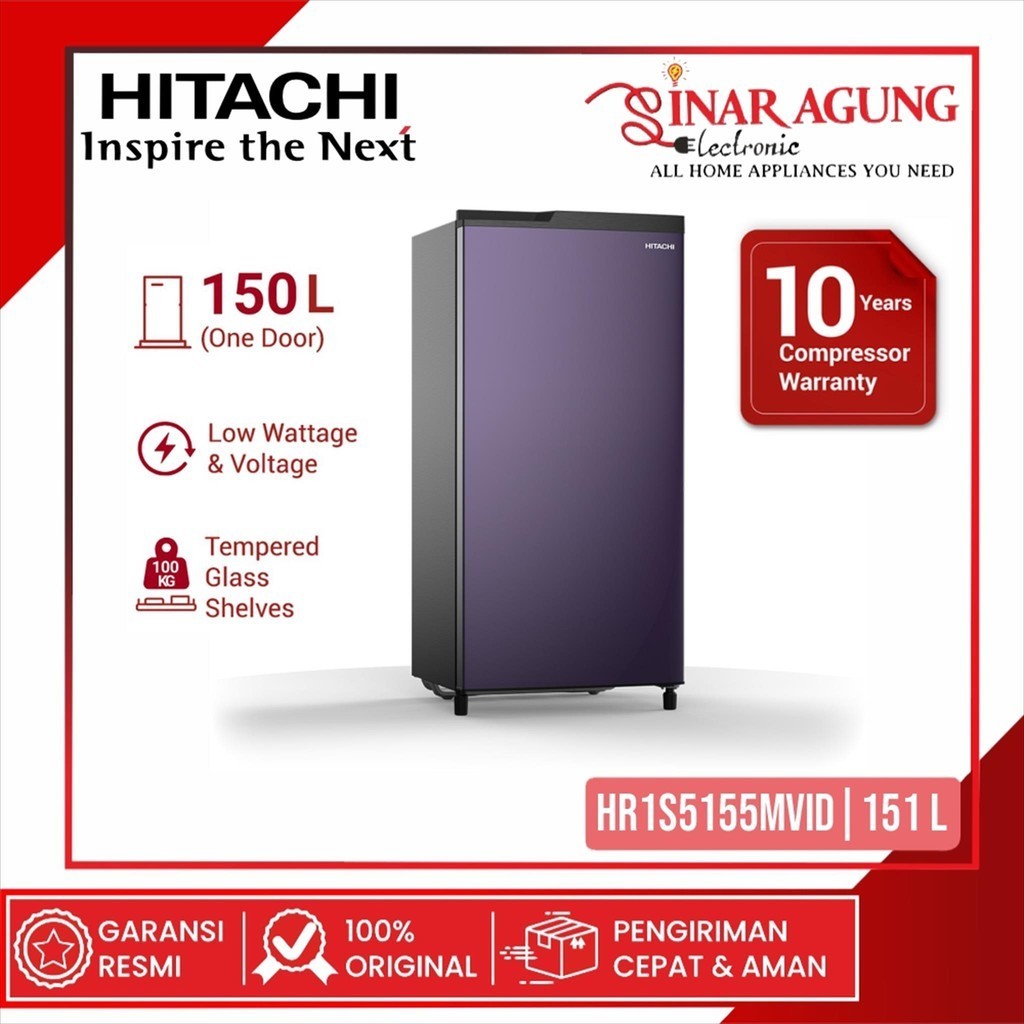 HITACHI HR1S5155MVID KULKAS 1 PINTU 151 LITER - GARANSI RESMI