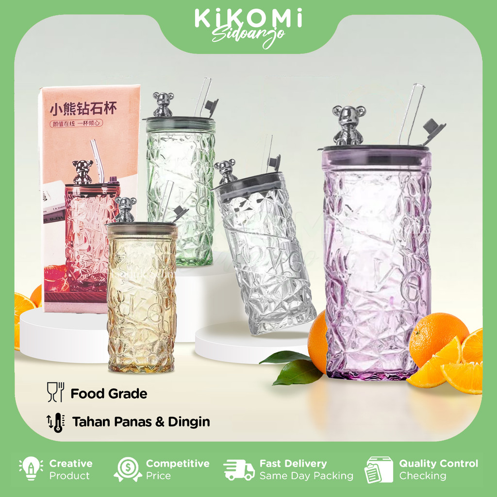 GELAS KACA BERUANG 420 ML Botol Air Minum Tumbler Motif Kristal Anti Tumpah Estetik Food Grade - KM