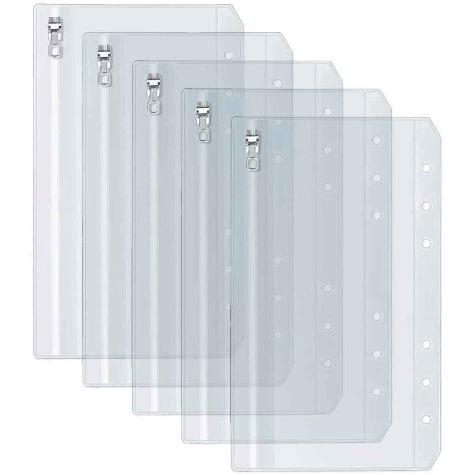 

A5 A6 Clear Binder Cash Envelopes with Metal Zipper 6-Hole Punched Binder Pocket for 6-Ring Notebook Binder Pouch Organizer