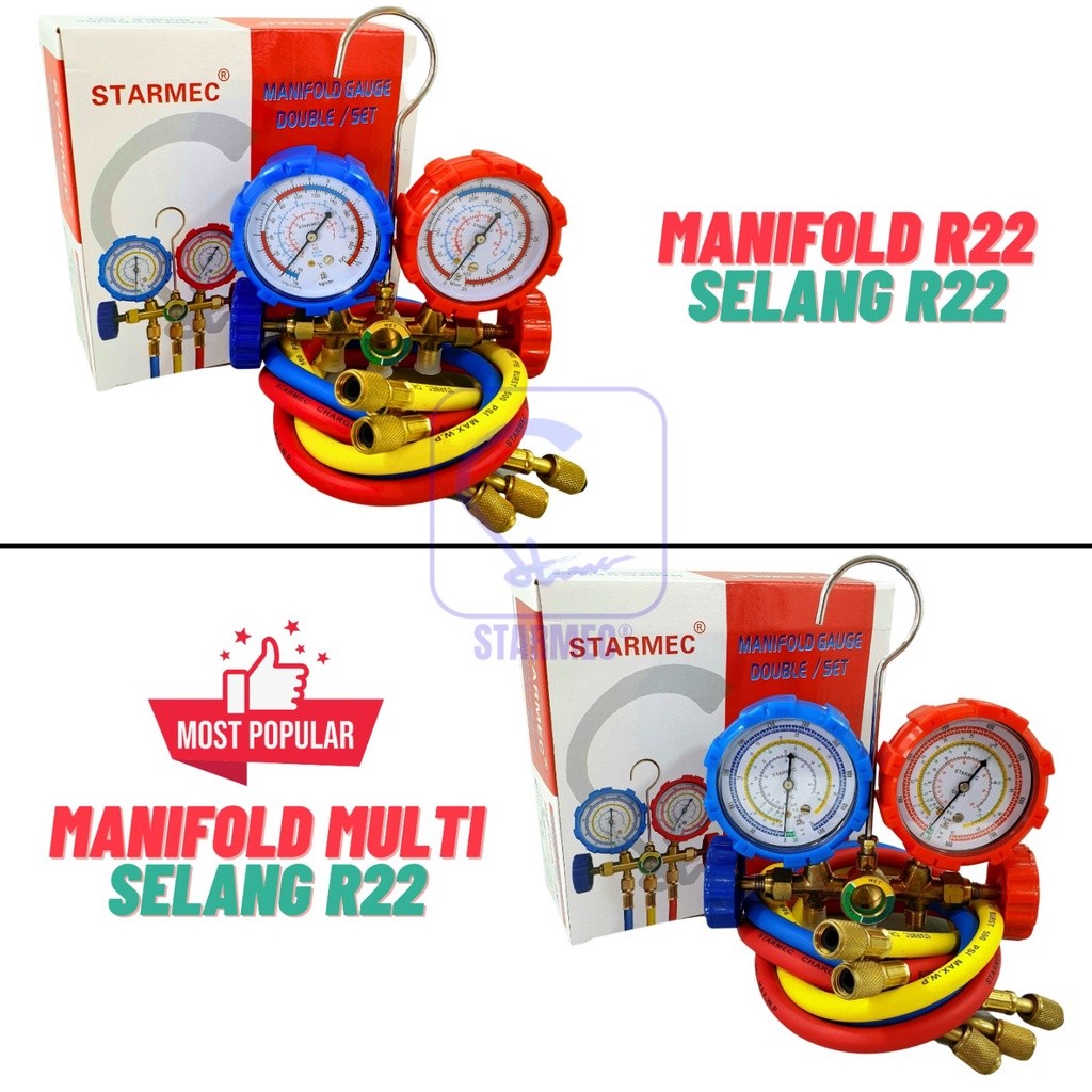 Manifold AC R22 R410 R32 Double + Selang R22 Starmec (Knob Plastik)