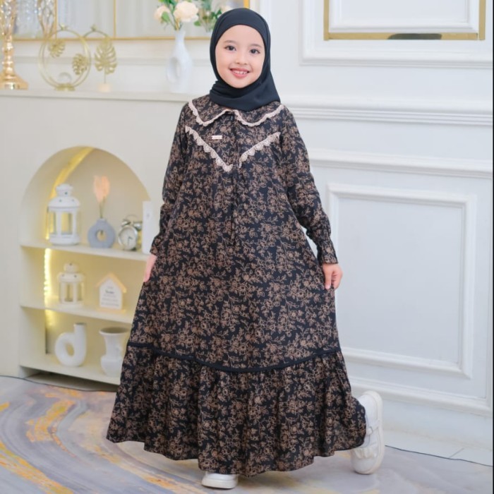 Gamis anak set Jilbab , pakaian muslim anak perempuan,kombinasi renda dada, bahan katun Rayon - Hita