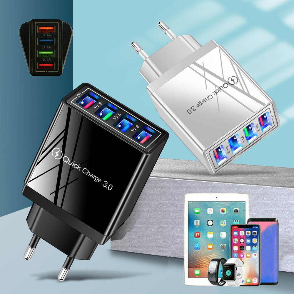 Adapter Charger USB 4 Port, Pengisian Cepat 5V3A, Multi-Port dengan LED Warna-warni, Daya Pengisi Ce