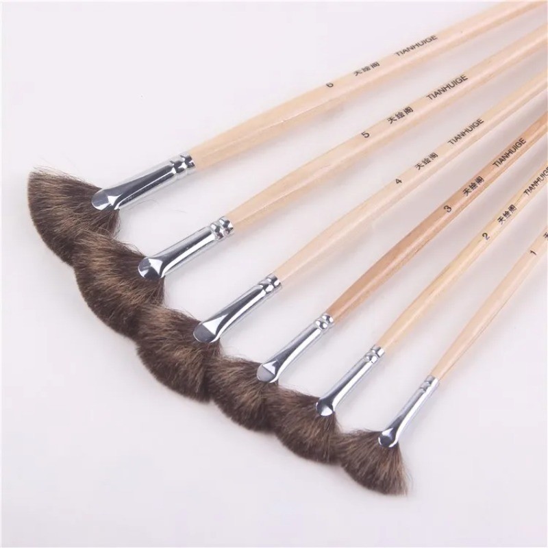 

6 pcs/set Wood rod acrylic painting brush mixed hair fan shpe oil painting brush pen student art supplies drawing material