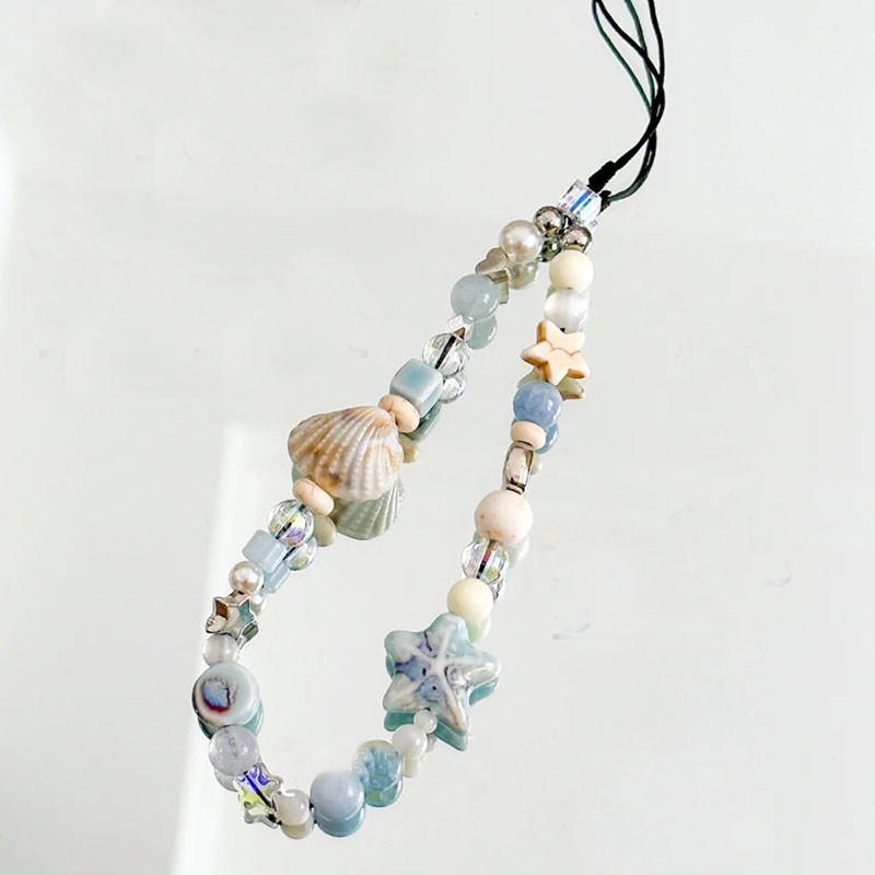 

Ins Summer Starfish Shell Blue Beaded Phone Key Chain CCD Bracelet Cute Silver Color Fash Hanging Rope Decoration Wrist Rope