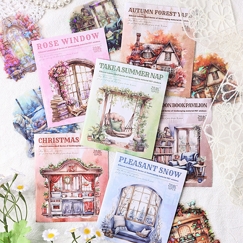 

Journamm 10pcs/pack Flower Window PET Stickers Shell Light DIY Scrapbooking Collage Stationery Aesthetics Decor Stickers