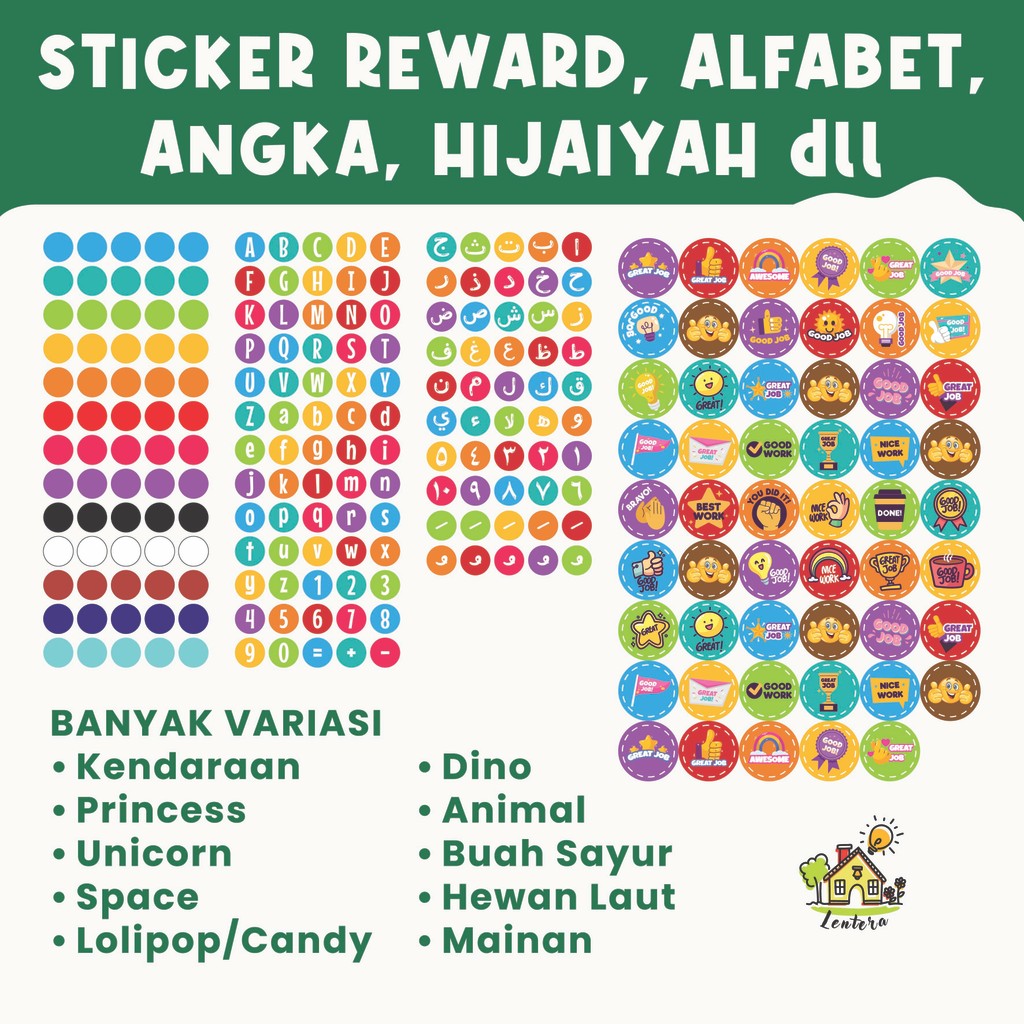 

Sticker & POSTER Reward, Alfabet, Angka, dan Hijaiyah, Tranportasi, Good Job, Motivasi, Princess, Kuda Poni Unicorn – Edukatif, Warna-Warni, Banyak Variasi Tema Menarik