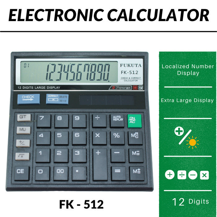 

Calculator / Kalkulator 12 Digits Check Correct Layar Besar 2 Power - FK-512